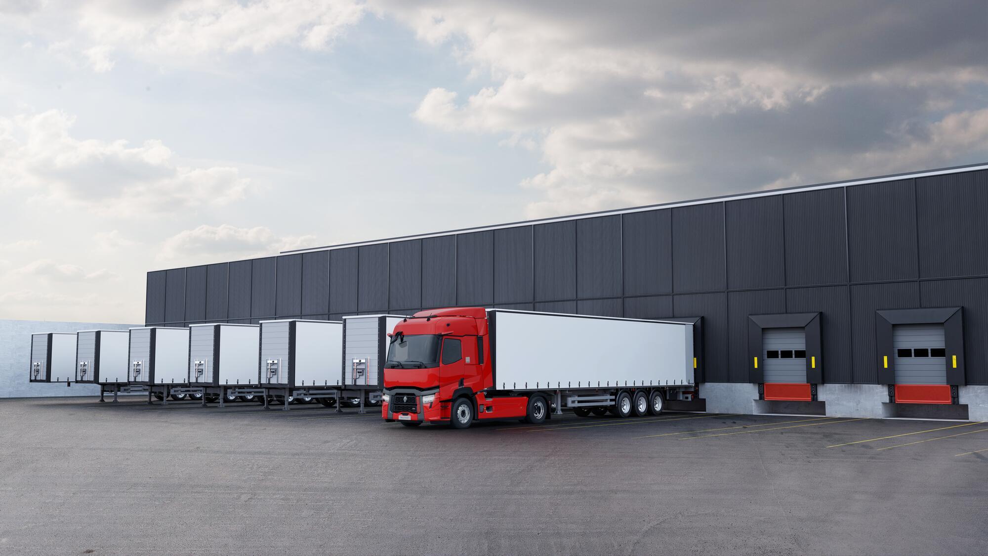 Model Year 2025: Renault Trucks T fitted with rear-view cameras (CMS: Camera Monitoring System, replacing wing mirrors) at a loading bay in a logistics warehouse