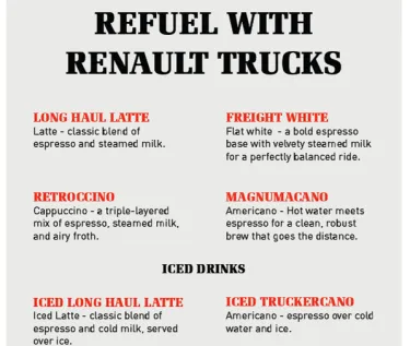 RTX drinks menu